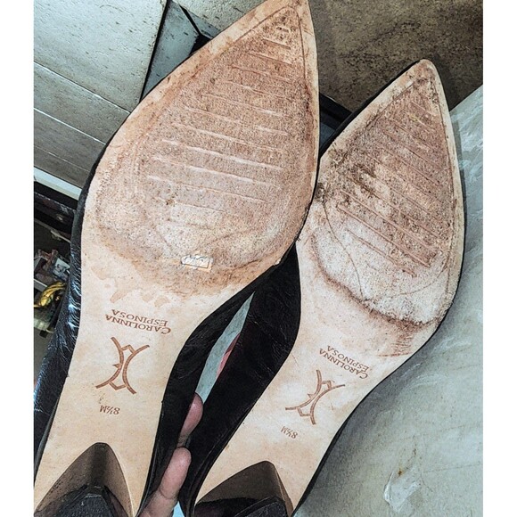 CAROLINNA ESPINOSA CELINE 8.5 Black Embossed Leather Slip On Swirl Classy Heels - Picture 13 of 16